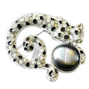 Vintage Leopard Jaguar Cheetah Brooch Rhinestones & Moonstone 2.25”